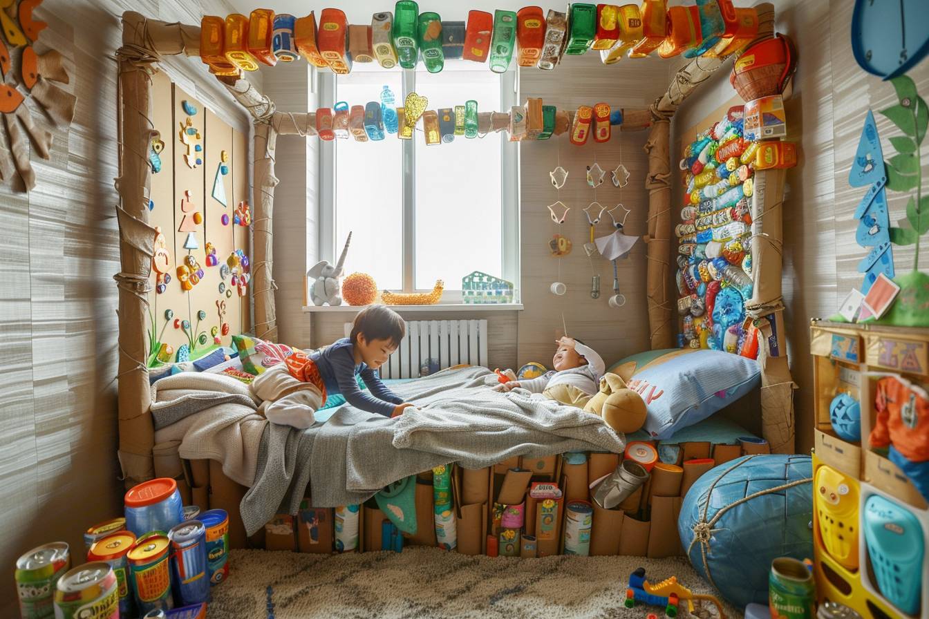 Idées créatives pour décorer la chambre d'un enfant avec des matériaux recyclés, montrant un espace coloré et écologique